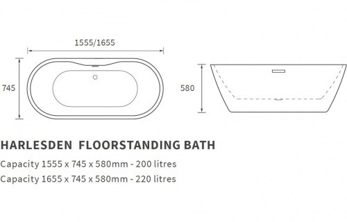 Saffron Freestanding 1655x745x580mm 0TH Bath - Grey