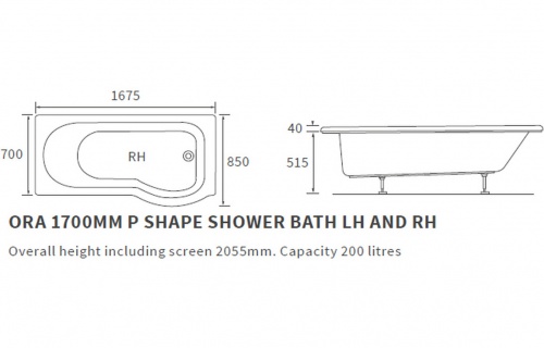 Shine P Shape SUPERCAST 1700x850x560mm 0TH Shower Bath Pack - Right Handed