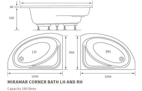 Cassia 1500x950x600mm 0TH Offset Corner Bath w/Legs - Left Handed