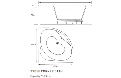 Tebay Standard 1350x1350x620mm 0TH Corner Bath w/Legs