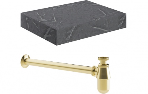 Nature 600mm Wall Hung Grey Marble Basin Shelf & Brushed Brass Bottle Trap