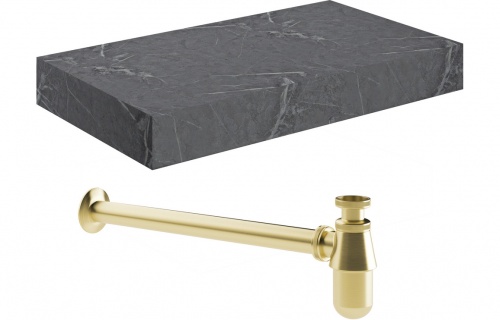 Nature 800mm Wall Hung Grey Marble Basin Shelf & Brushed Brass Bottle Trap