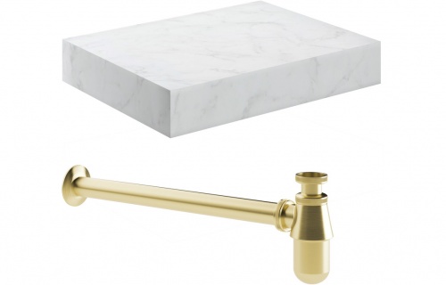 Nature 600mm Wall Hung White Marble Basin Shelf & Brushed Brass Bottle Trap