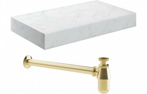 Nature 800mm Wall Hung White Marble Basin Shelf & Brushed Brass Bottle Trap