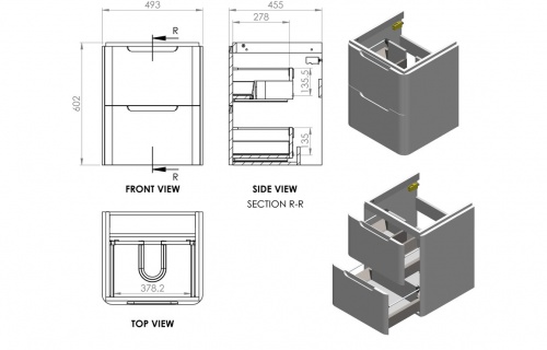 Bona 500mm 2 Drawer Wall Hung Cloakroom Basin Unit - Matt Grey