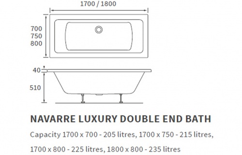 Laurel Square Double Ended 1700x700x550mm 0TH Bath w/Legs