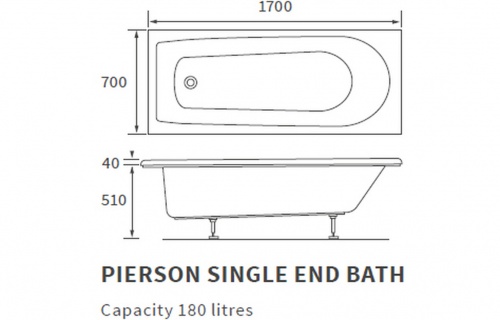 Pearson D Shape Single Ended 1700x700x550mm 2TH Bath w/Legs