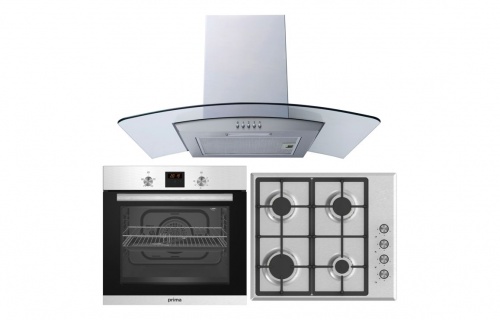 Prima Oven, Gas Hob & Curved Glass Chimney Hood Pack - St/Steel