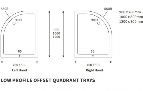 40mm Low Profile 1000x800mm Offset Quadrant Tray & Waste (LH)