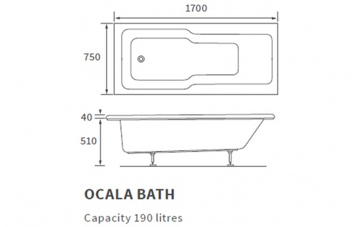 Olive Straight 1700x750x550mm 0TH ''C'' Shower Bath w/Legs